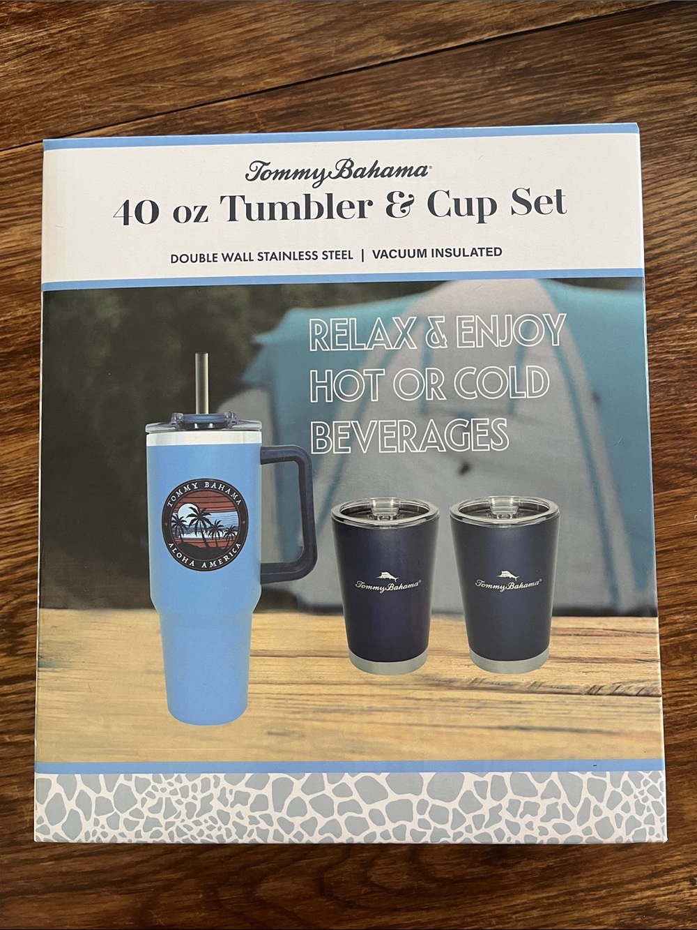 Tommy Bahama Light Blue Tumbler with Navy Insulated Cups Set